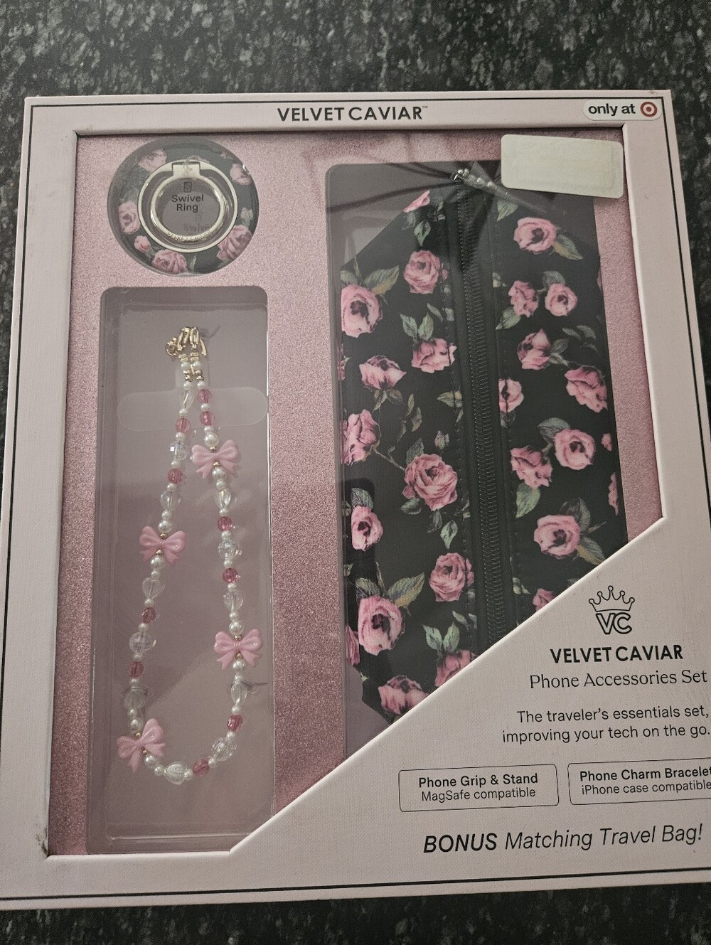 Velvet Caviar Black Floral Phone Accessories Set with Pink Roses